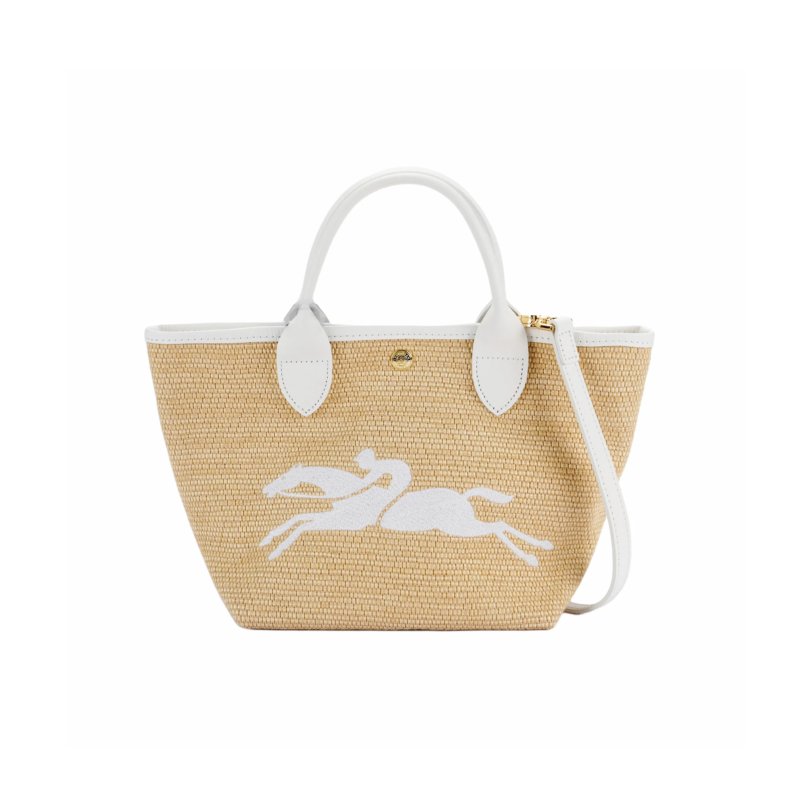 LONGCHAMP Le Panier Pliage Cow Leather Canvas Bag, Shoulder Bag, Crossbody Bag, Handbag Small Women's White
