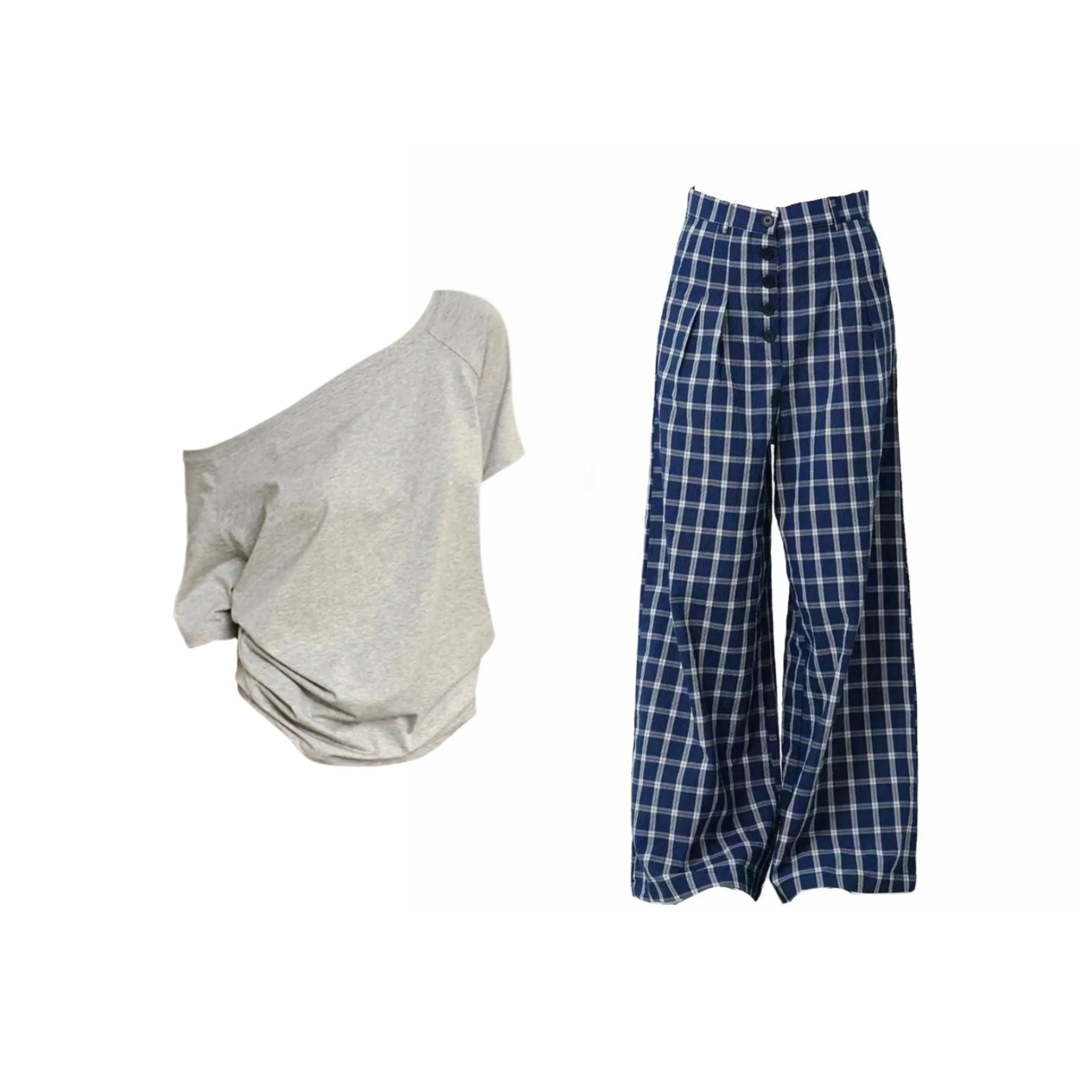 BIFH Серый Off The Плечо T Рубашка + Синие Клетчатые Брюки Женские Повседневные Костюмы