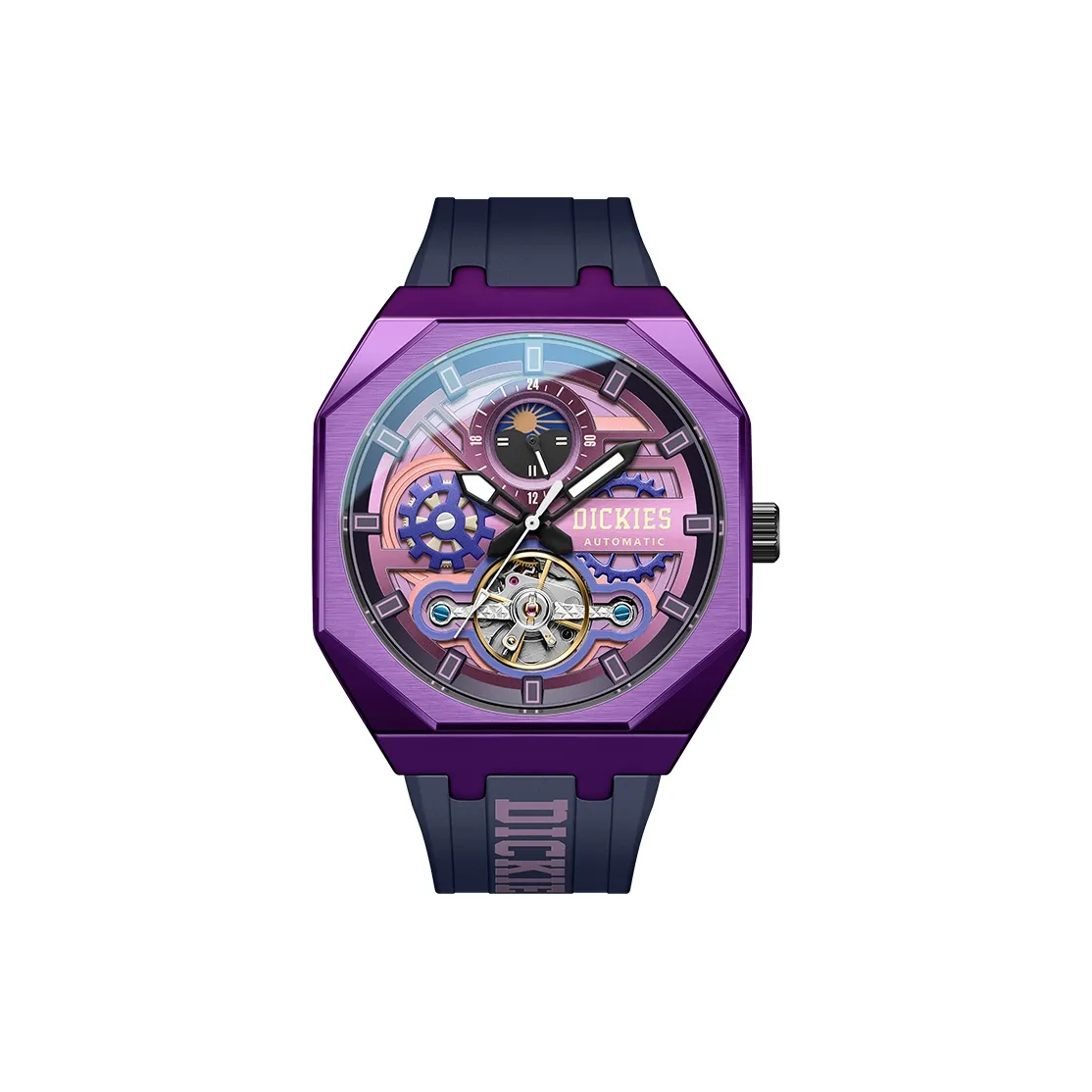 Dickies Sun Moon and Stars Наручные часы Механический механизм Силиконовый ремешок Фиолетовый циферблат Мужские часы Упаковка