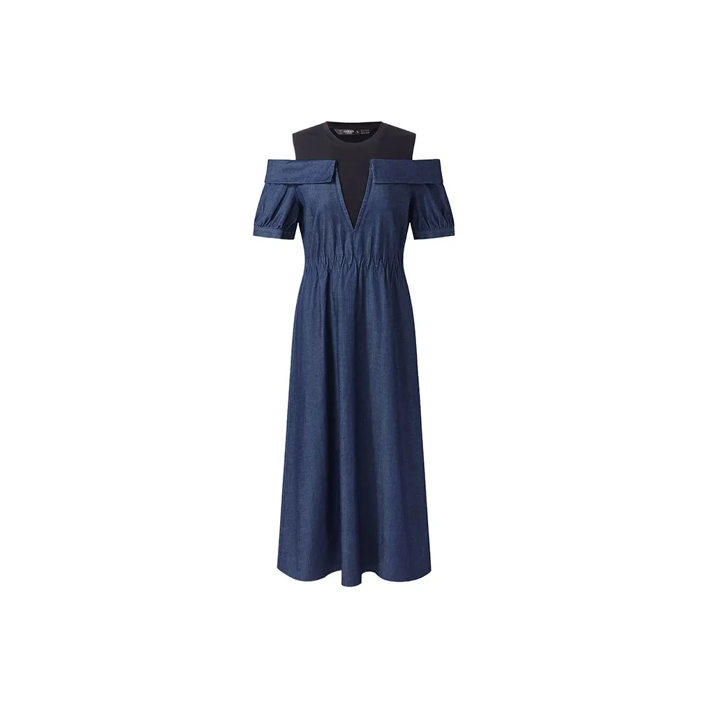 GOELIA Короткий рукав Платье Женское Темно-джинсовый синий