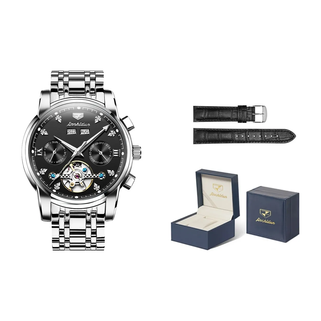 Jin Shi Dun Mechanical Movement Stainless Steel Watchband Watch Men's Watches Black Dial