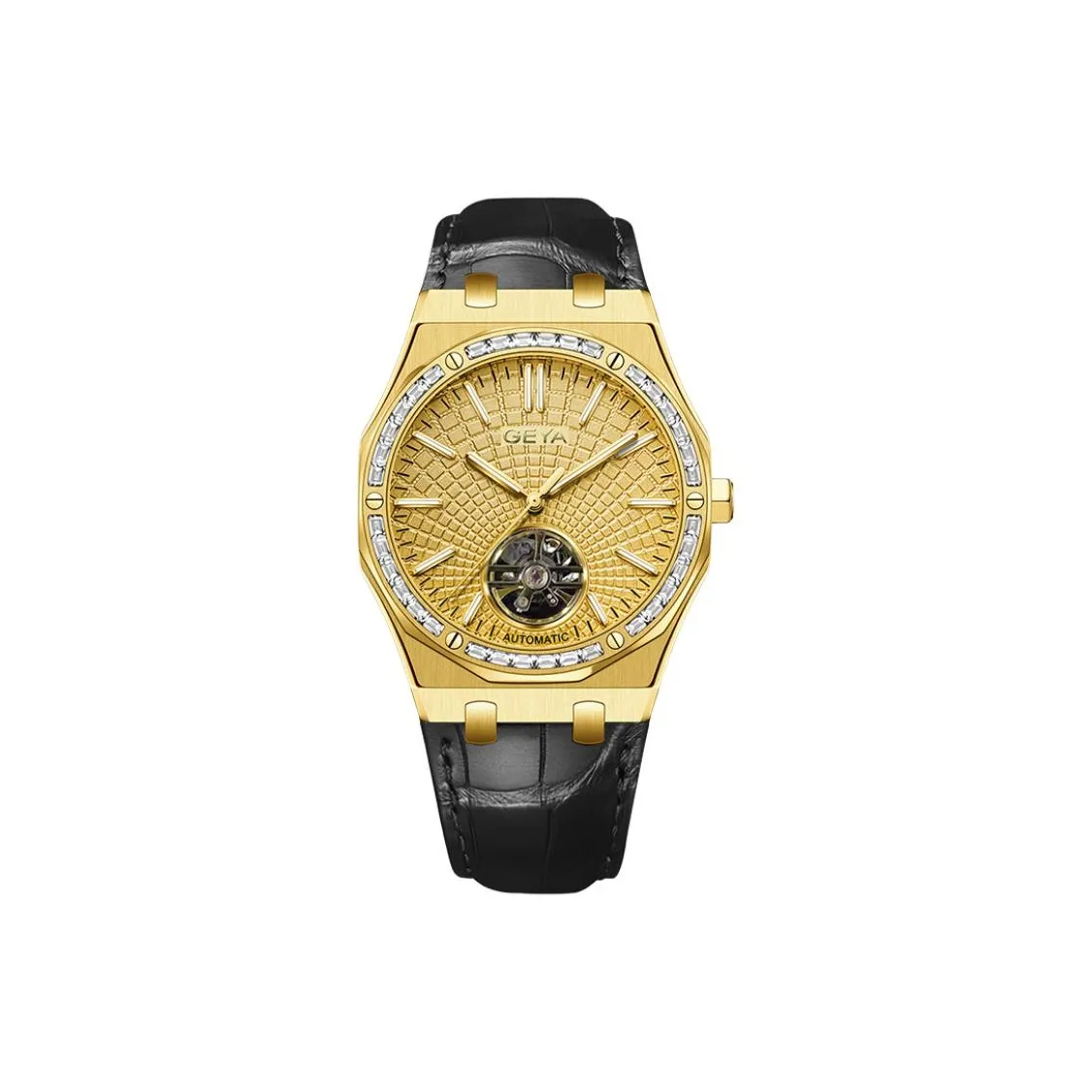 GEYA Mechanical Movement Genuine Leather Strap Watch Men's Watches Gold Dial
