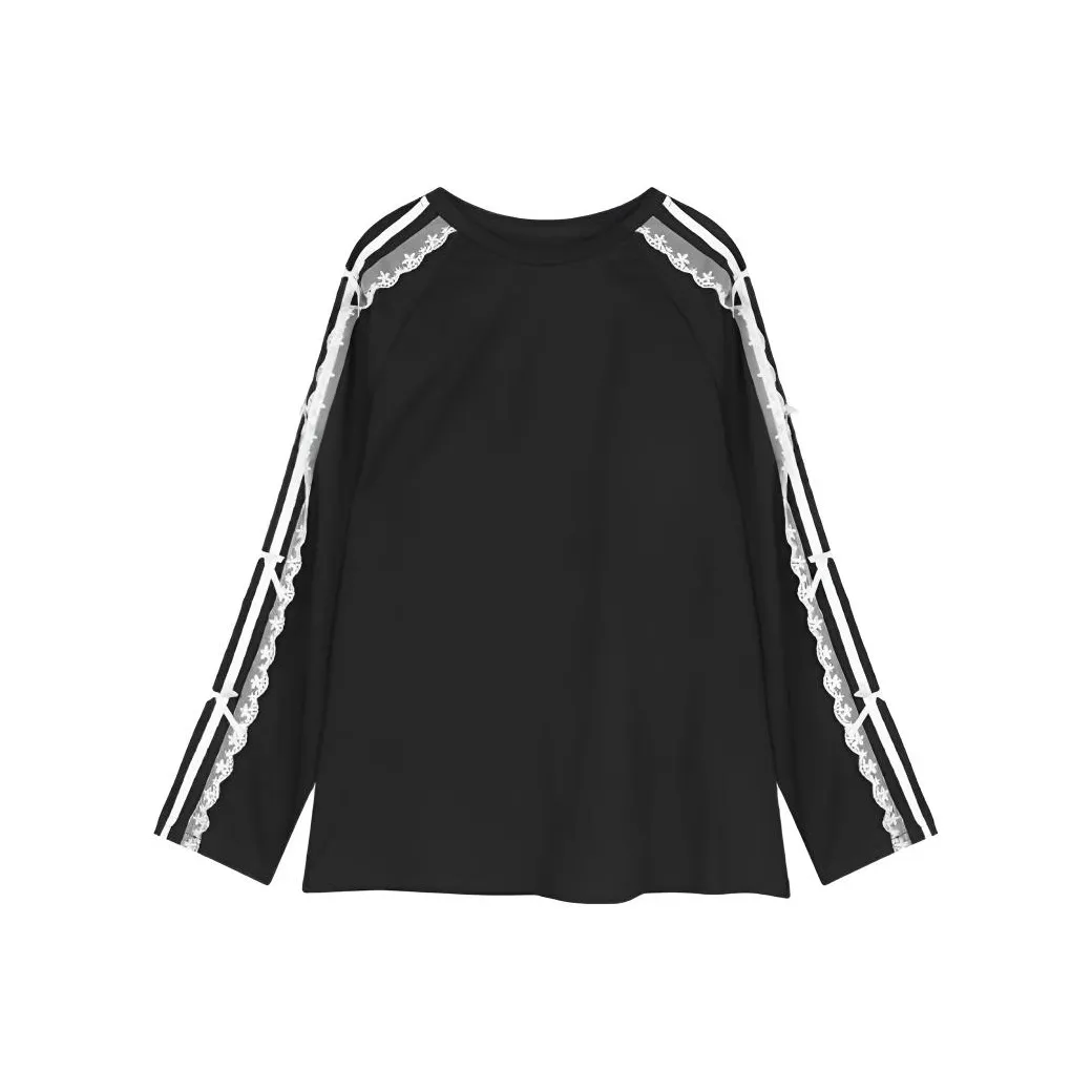 IUNOP Кружево Trims Пэчворк Корейский стиль MID Длина Круглый вырез Топ Женские