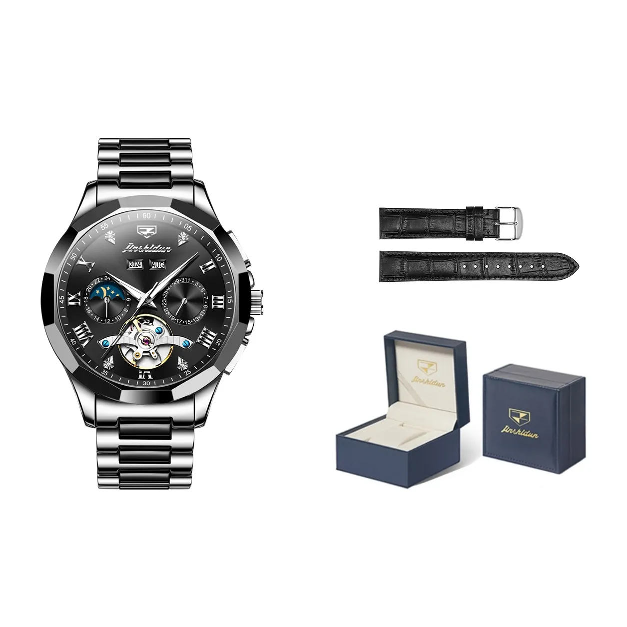 Jin Shi Dun Black Warrior Box Mechanical Movement Stainless Steel Watchband Watch Men's Watches Black Dial