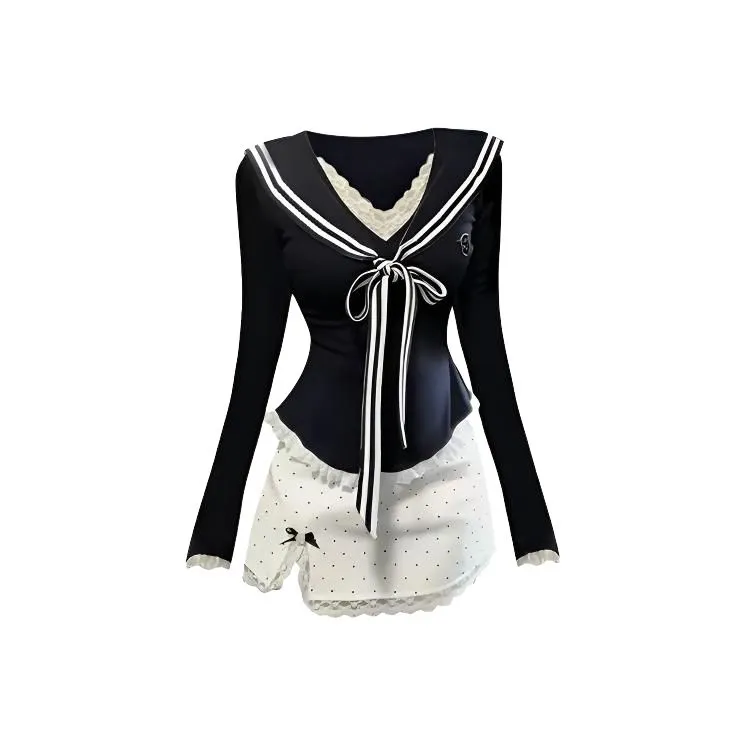 HUINIAN Темно-синий синий топ + белая короткая юбка в горошек женский комплект