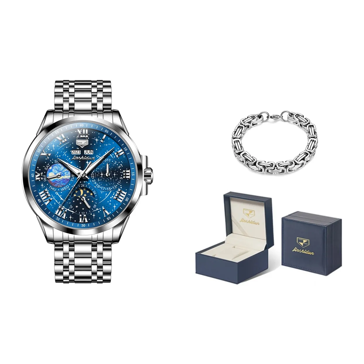 Jin Shi Dun Mechanical Movement Stainless Steel Watchband Watch Men's Watches Blue Dial