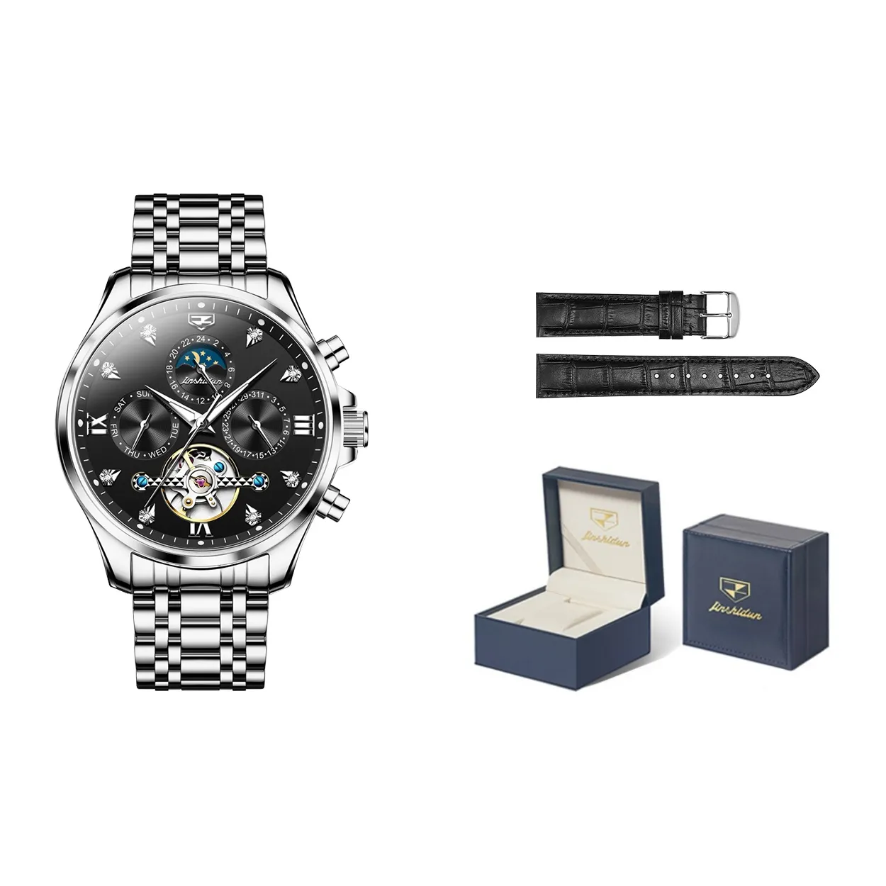 Jin Shi Dun Элегантная Коробка Механический Механизм Нержавеющая Сталь Ремешок Часы Мужские Черный Циферблат