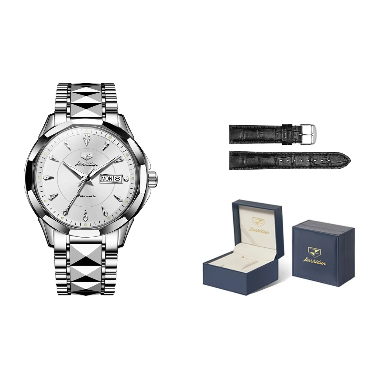 Jin Shi Dun Box Mechanical Movement Stainless Steel Watchband Watch Men's Watches White Dial