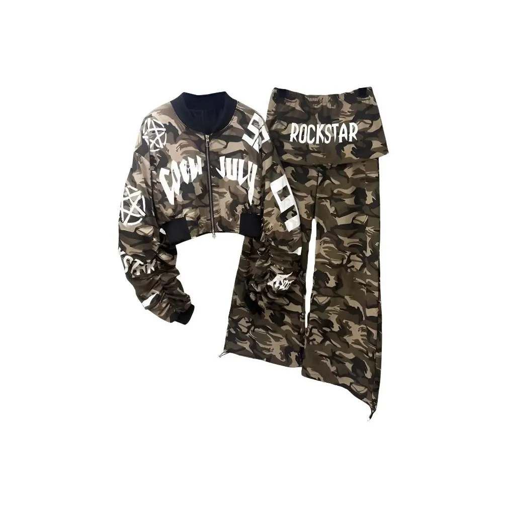 HUINIAN Камуфляж Топ + Рабочая одежда Широкие Брюки Высокое качество Женские Повседневные Костюмы