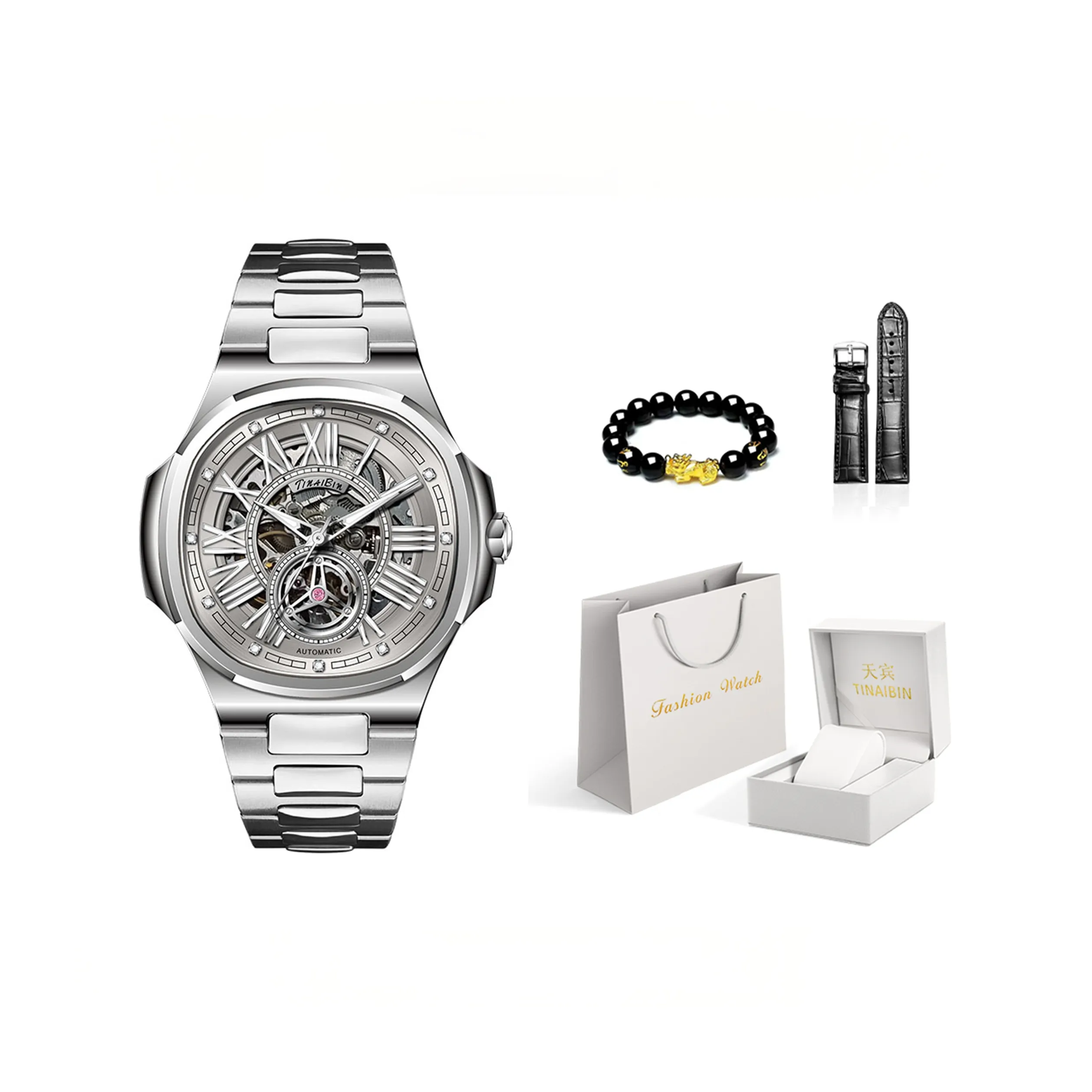 TINAIBIN Механическое механическое устройство стальной ремешок мужские часы серый циферблат
