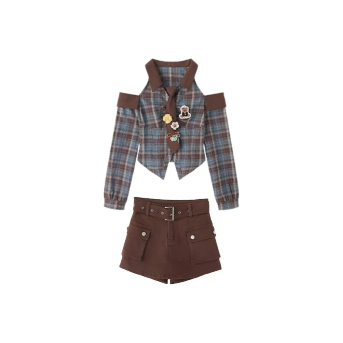 Icicofficial Синий Клетчатый Топ + Коричневая Юбка Женские Юбочные Комплекты