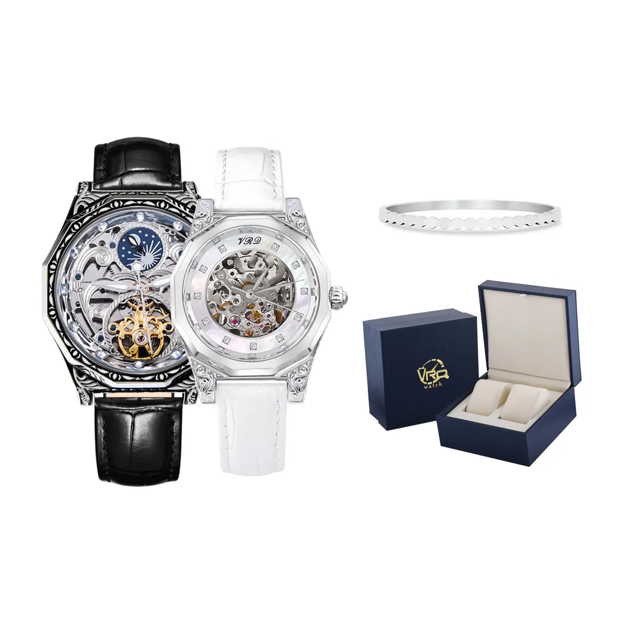 VRQ Polina M03 Couple Watches Automatic Mechanical Movement Genuine Leather Strap Watch Unisex Skeleton Dial