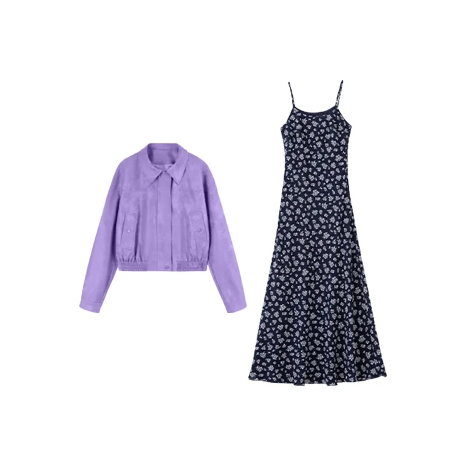 YGPRW Фиолетовая куртка + Цветочное платье женские комплекты с юбкой