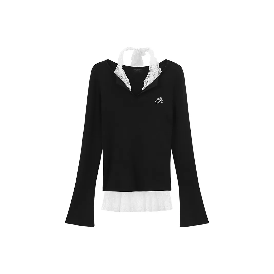 MIMOSA CHUR Черный топ + Белый кружево Женские T-рубашки