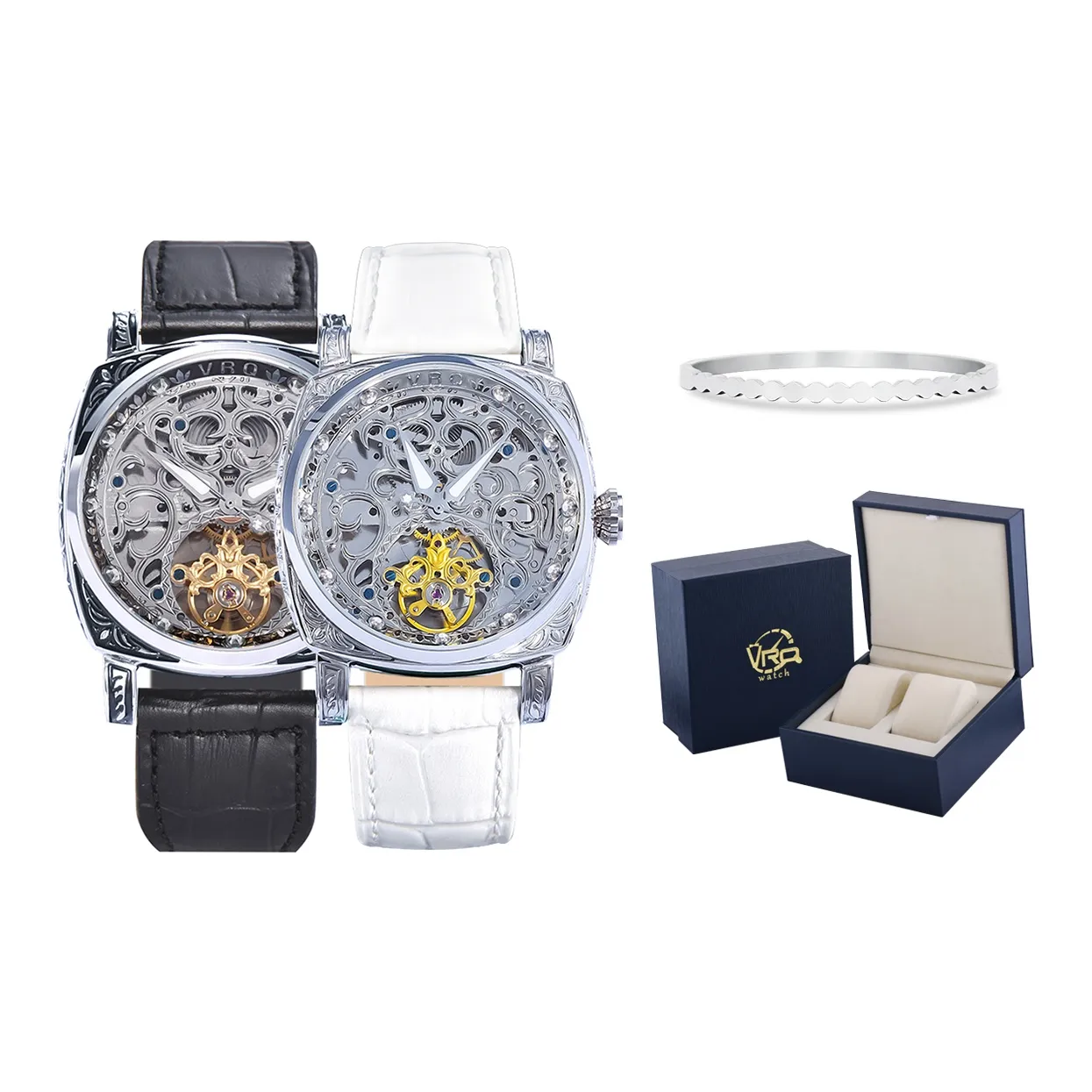 VRQ Faith Series Automatic Mechanical Movement Genuine Leather Strap Watch Unisex Skeleton Dial