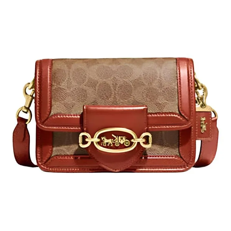 COACH Hero Coated Canvas With Calfskin Handbag, Shoulder Bag, Crossbody Bag Trumpets Women's Brown & Orange Red