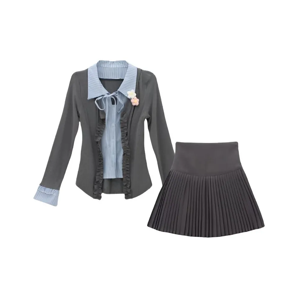 DANCANG Длинный рукав пэчворк рубашка с оборками двухкомпонентный комплект женский