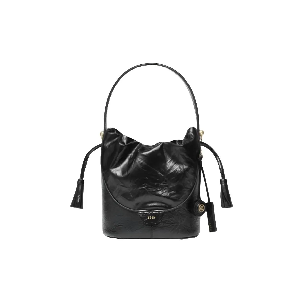 ZESH Cow Leather Bucket Bag, One Shoulder Handbag Small Size Women's Black/Brown/Black Handheld Texture