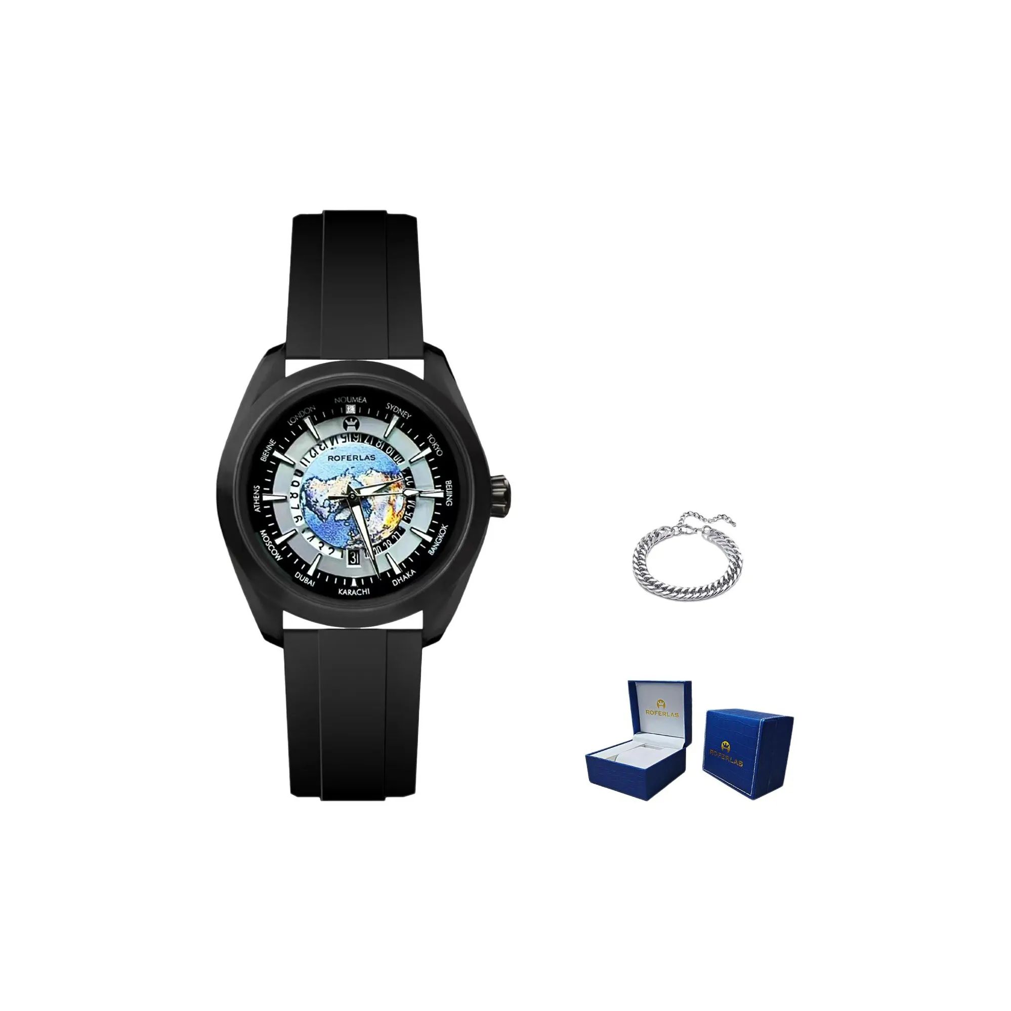 ROFERLAS Кварцевый Автоматический Механический Механизм Резиновый Ремешок Часы Мужские Черный Циферблат