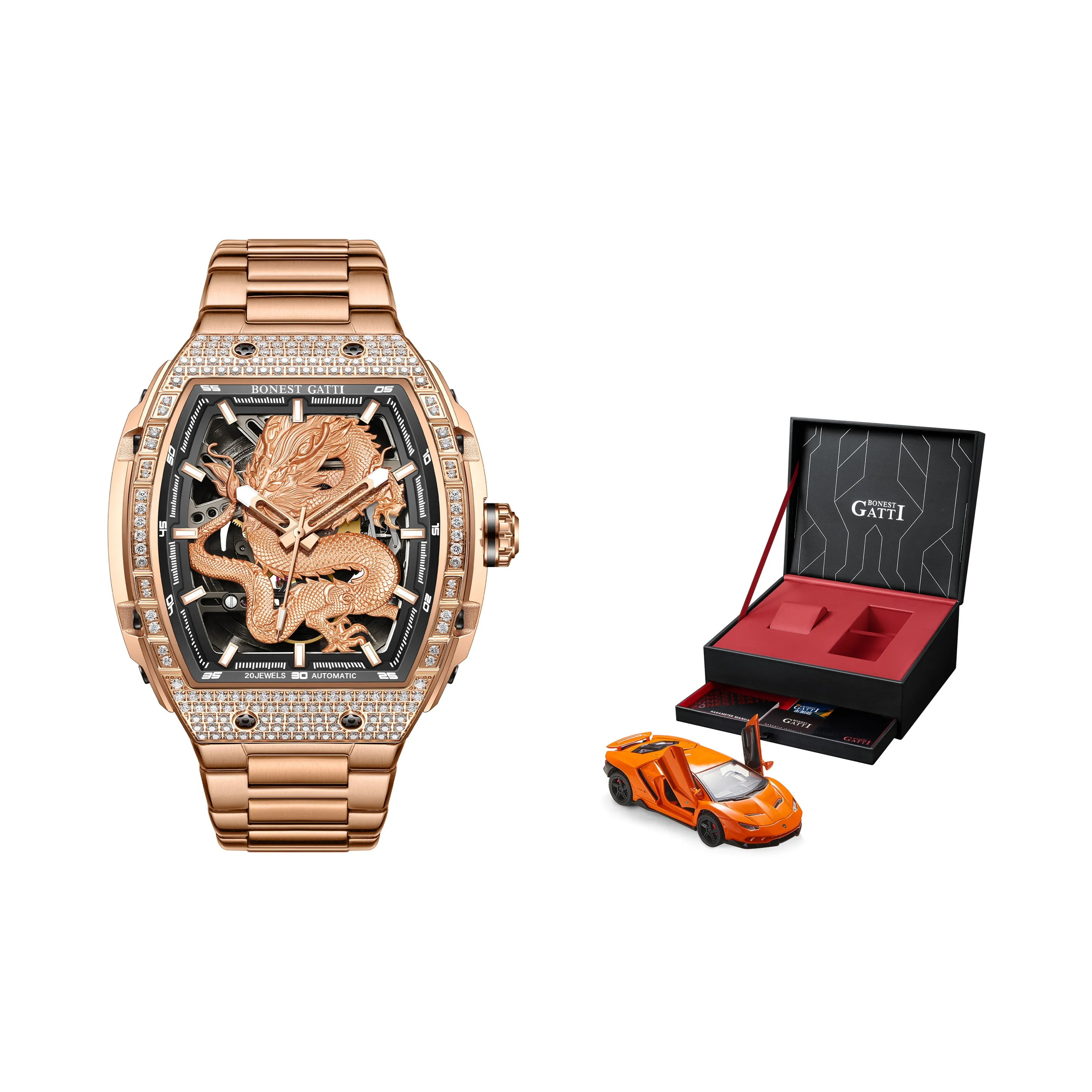 BONEST GATTI Automatic Mechanical Movement Rubber Strap Men's Watches Skeleton Dial