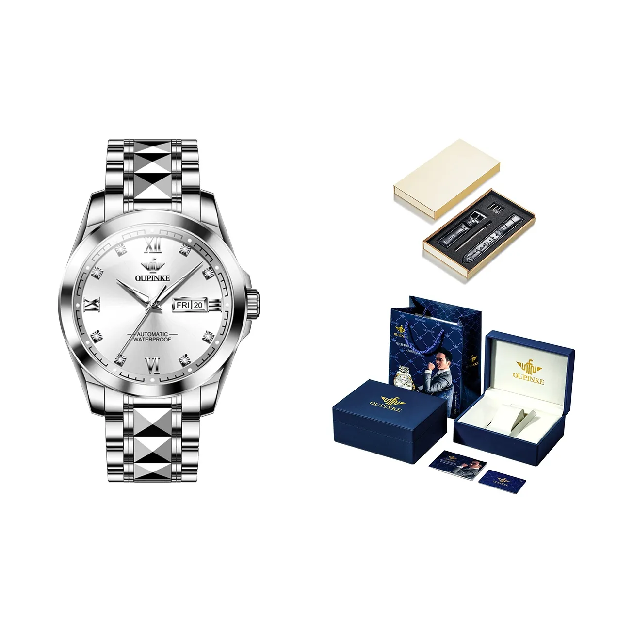 Oupinke Механический механизм ремешок из нержавеющей стали мужские часы белый циферблат