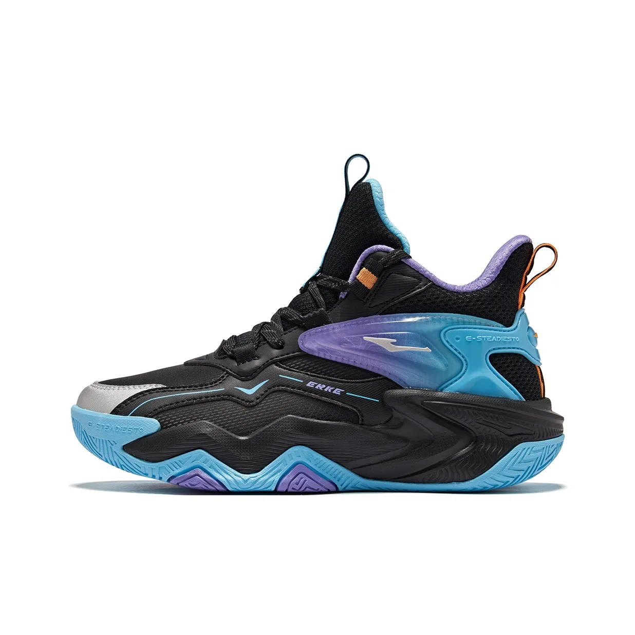 ERKE KIDS Баскетбольные кроссовки High Топ Глубокий черный Пурпурный цвет гор на закате Radiant Blue Школьный возраст