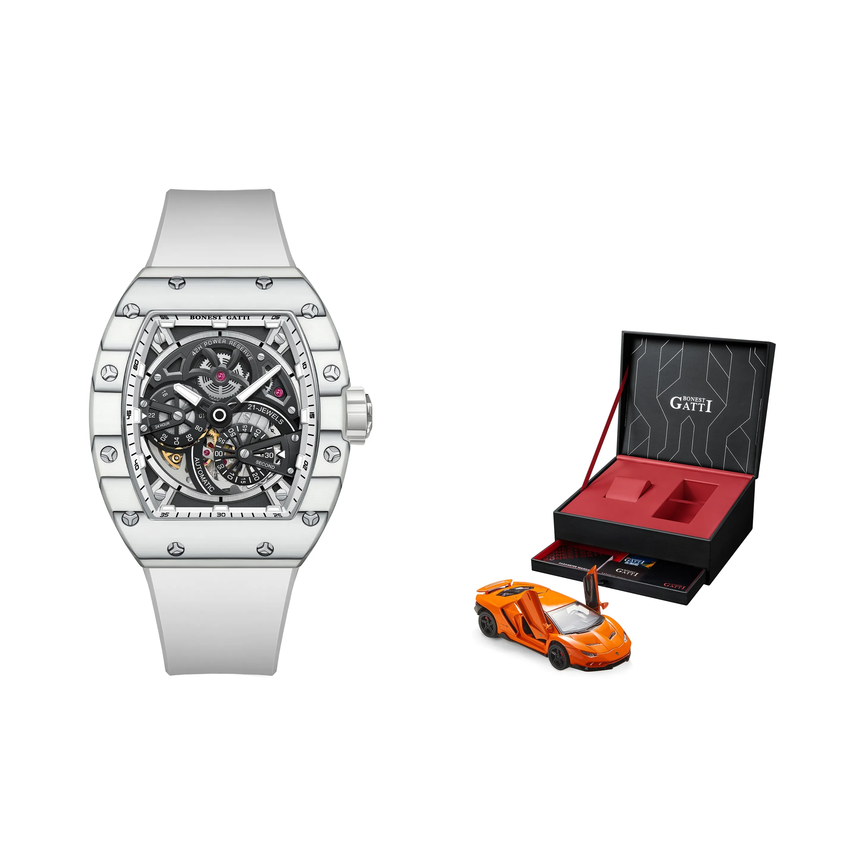 BONEST GATTI Automatic Mechanical Movement Rubber Strap Watch Men's Watches Black Dial