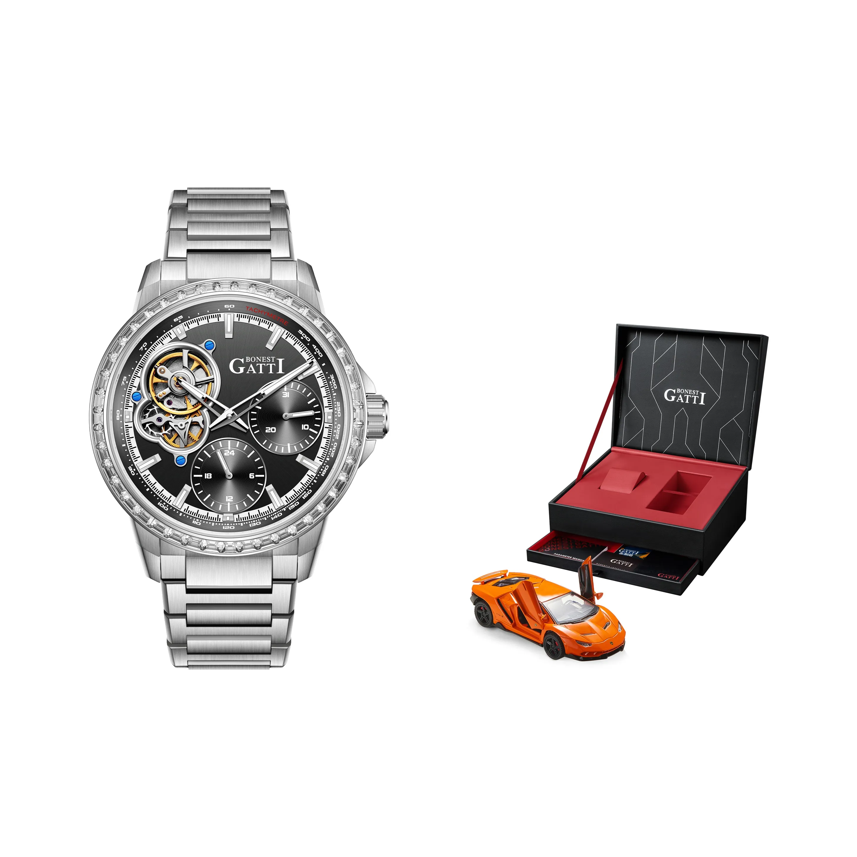 BONEST GATTI King's Speed Collection Automatic Mechanical Movement Stainless Steel Watchband Men's Watches Black Dial