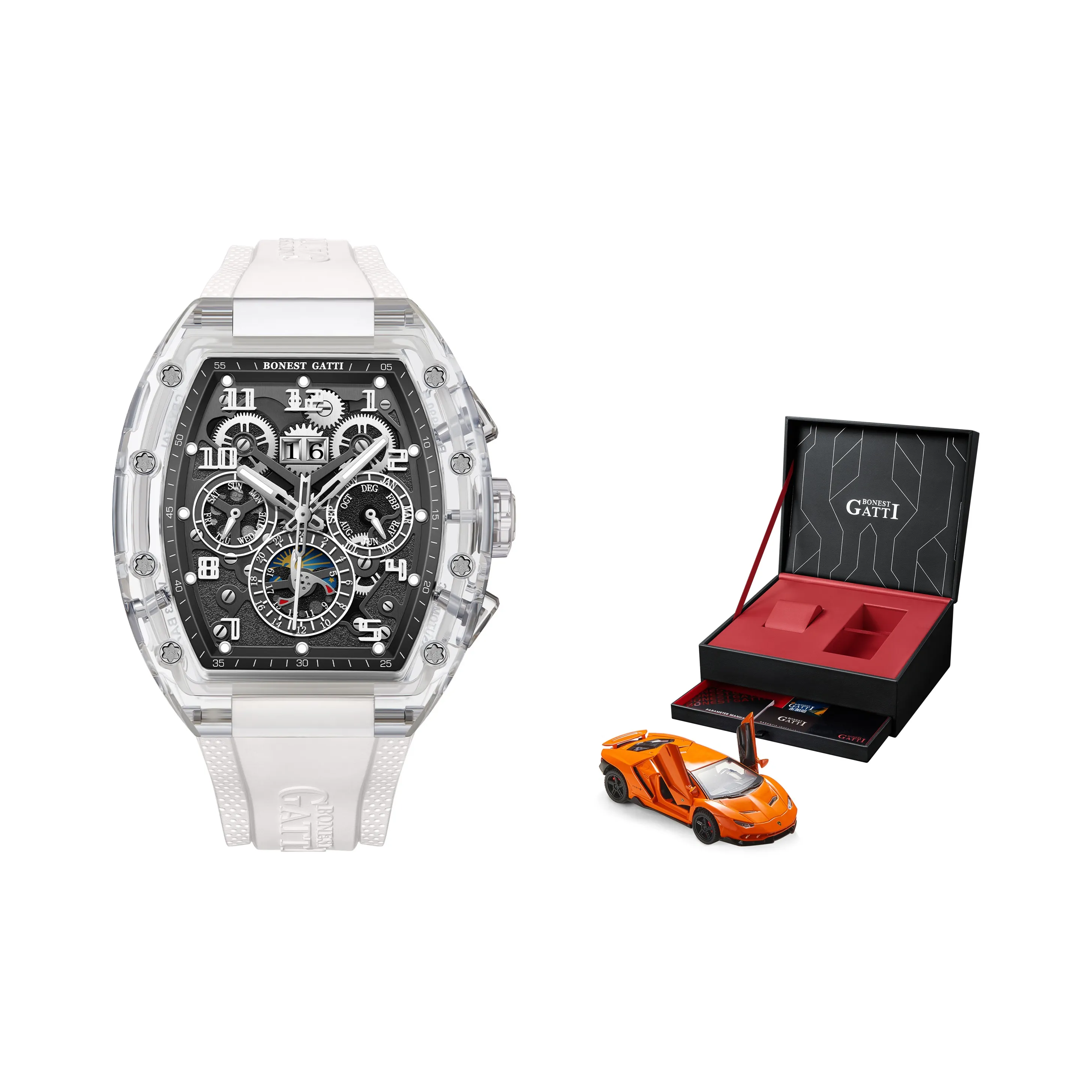 BONEST GATTI Mechanical Movement Rubber Strap Watch Men's Watches Black Dial