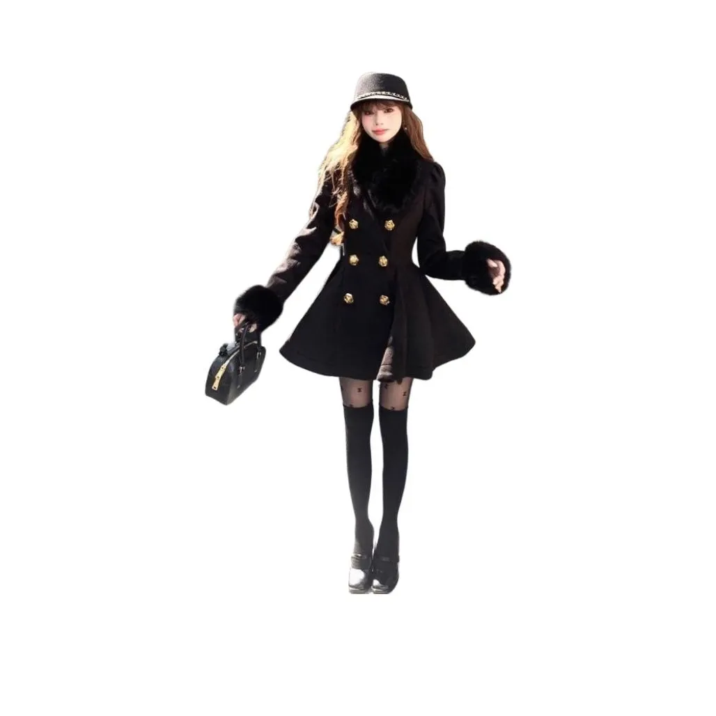 BVODE Черное платье + Меховой воротник Женское пальто