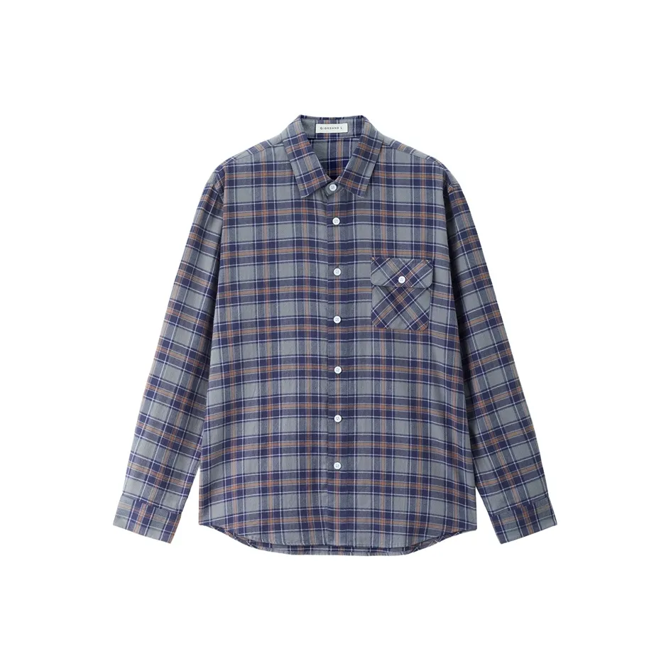 Giordano 07 Серый и Фиолетовый Клетка Мужская Рубашка