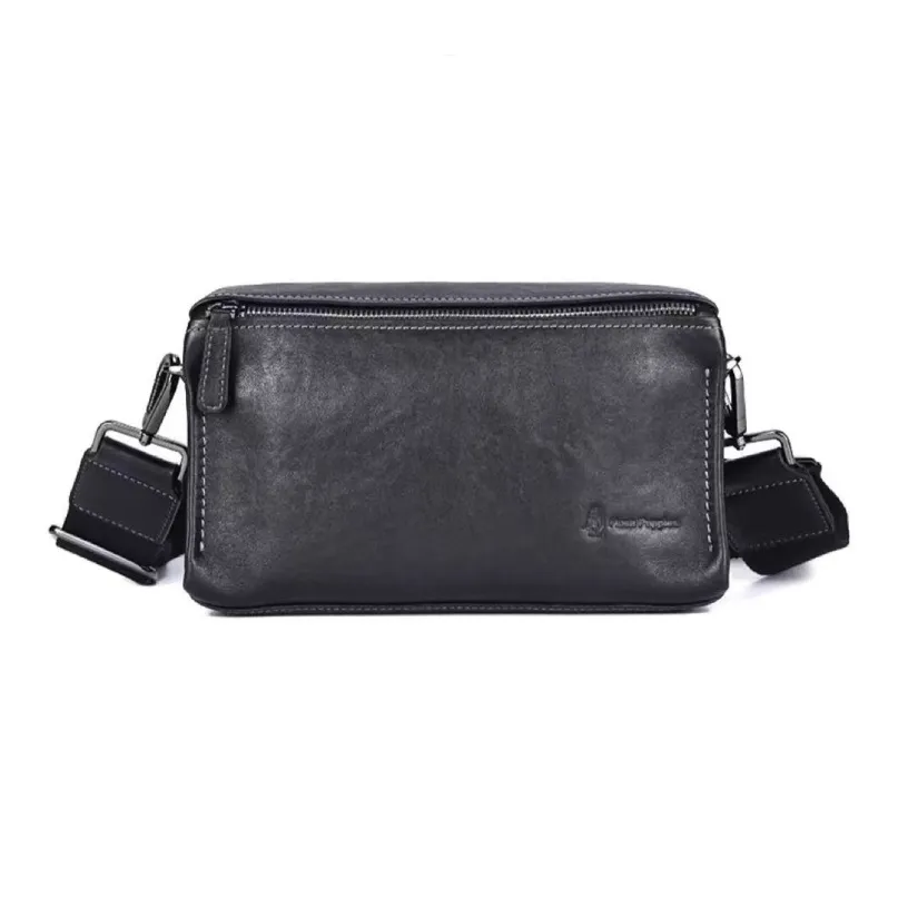 Hush Puppies Top Grain Cow Leather Small Square Bag, Handheld Crossbody Bag, Shoulder Bag Medium Men's Black