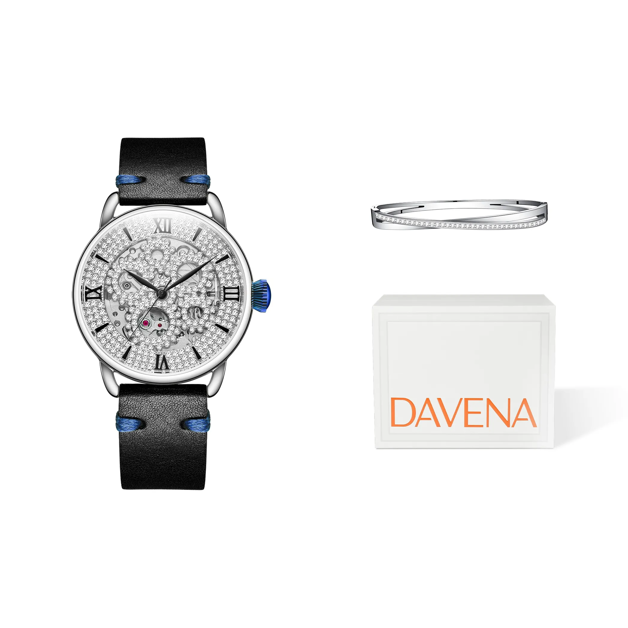 DAVENA Dotted Eye Collection Механический механизм часы с натуральной кожей ремешок женские часы серебристый циферблат