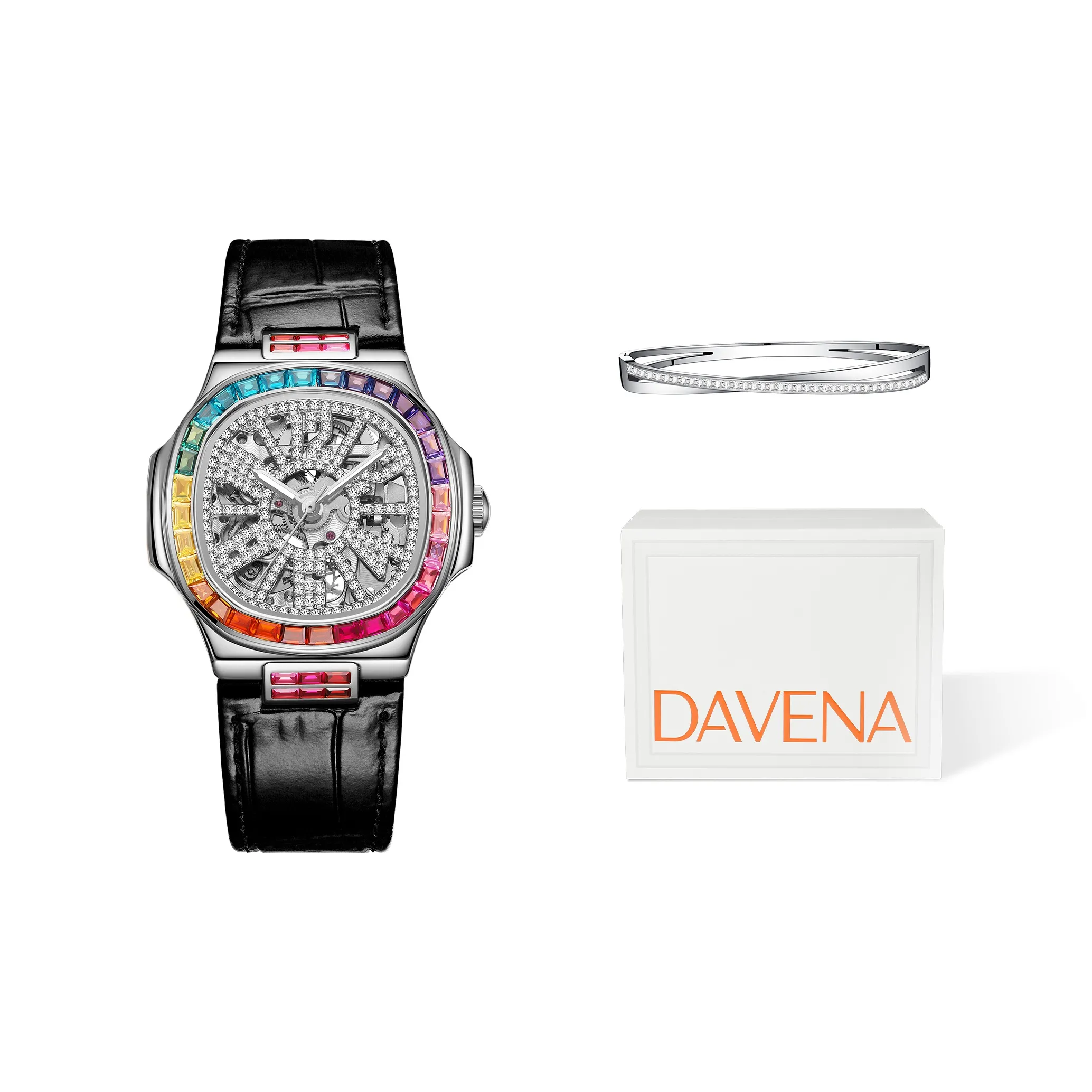 DAVENA Dotted Eye Collection Small Block Mechanical Movement Genuine Leather Strap Watch Unisex Skeleton Dial