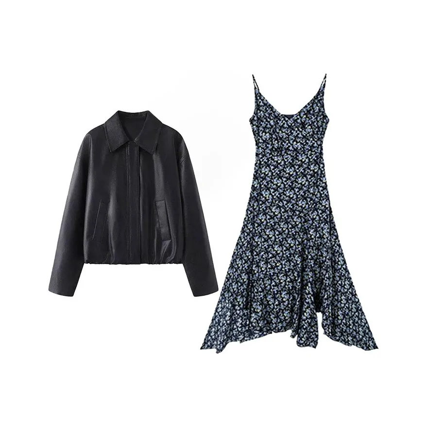 MARIE·COCO Черная куртка + Цветочное платье Женские комплекты с юбкой