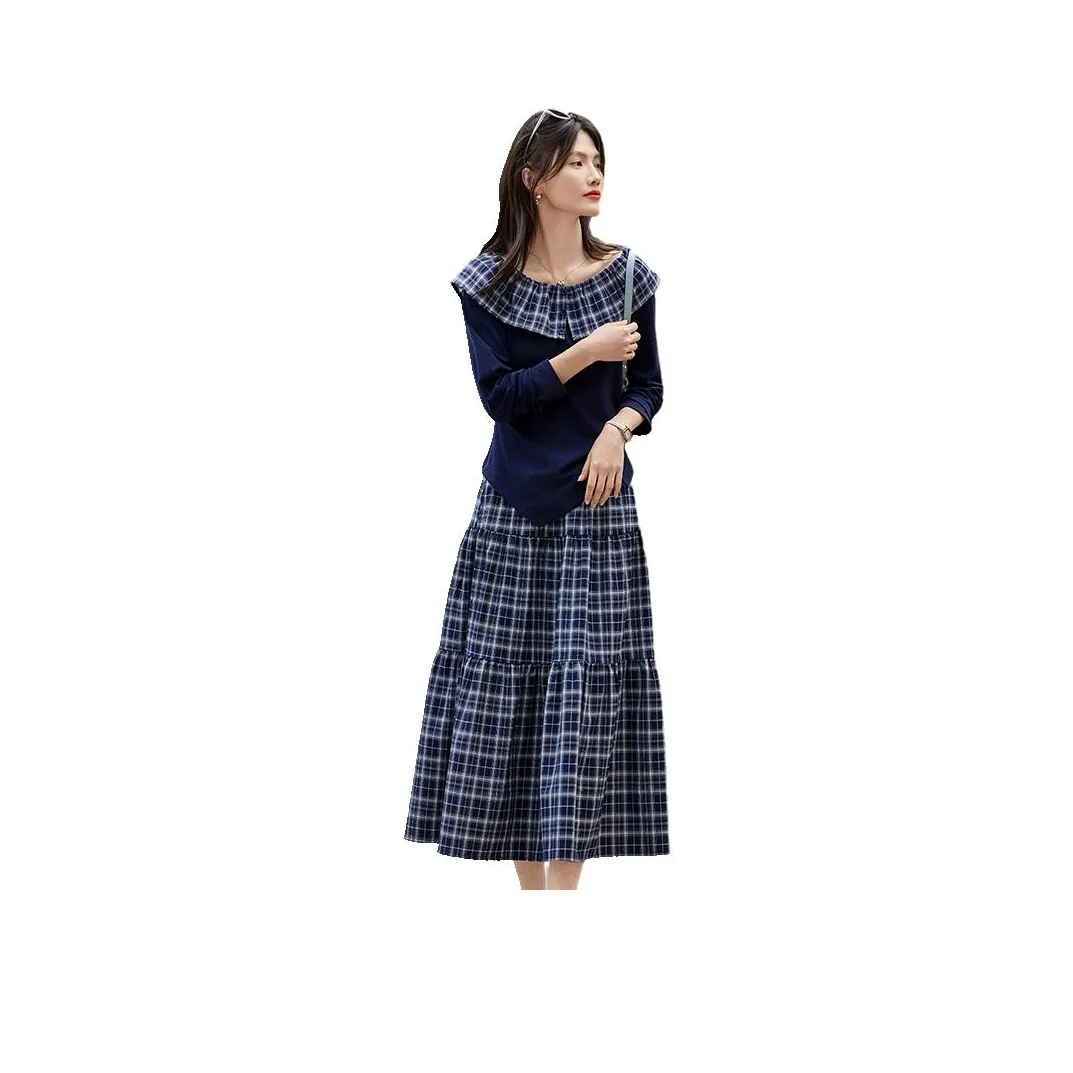 SHANGJING Темно-синий клетчатый женский комплект с юбкой