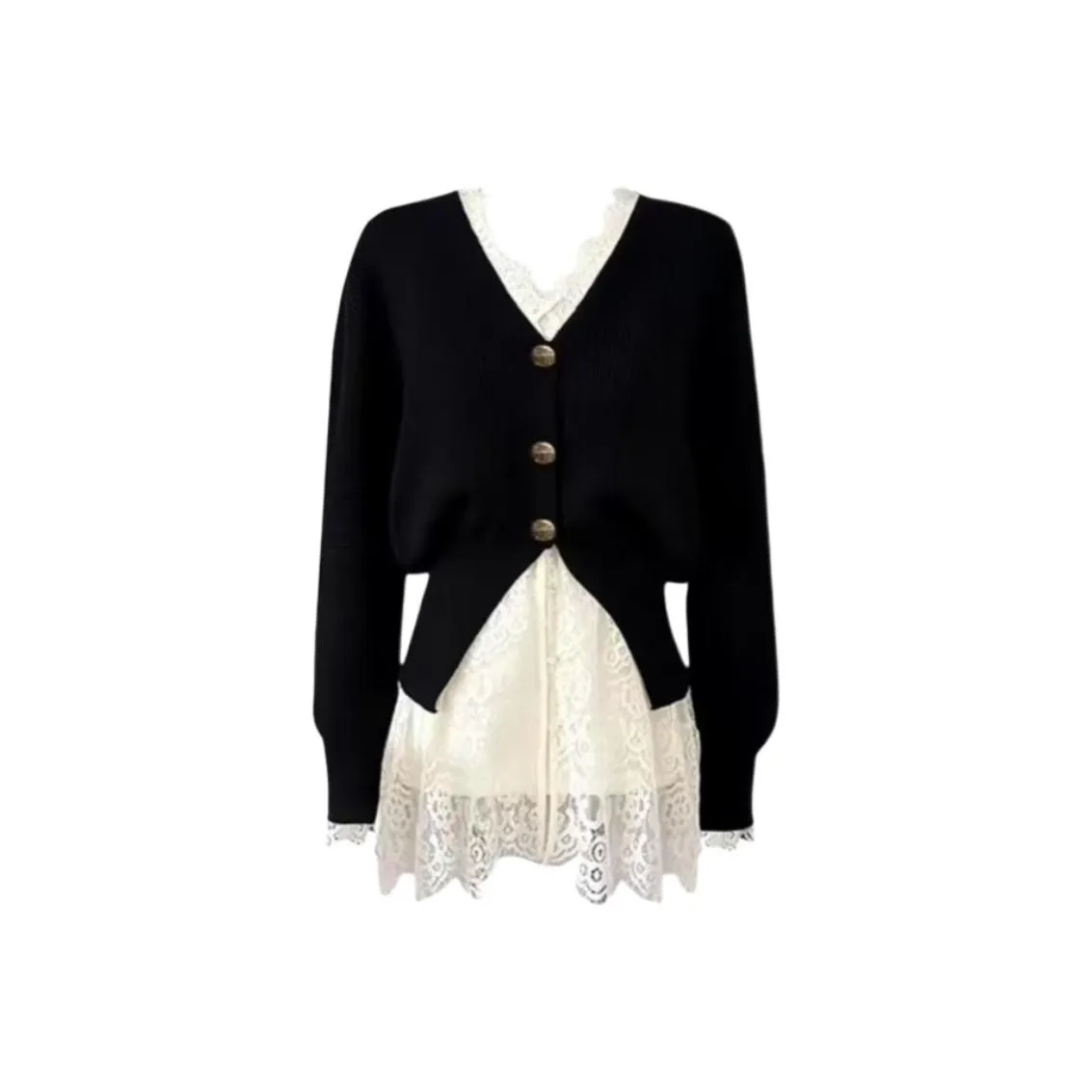 ACJL Нишевый Утягивающий Свободный крой Кардиган + Кружевная Рубашка Женская