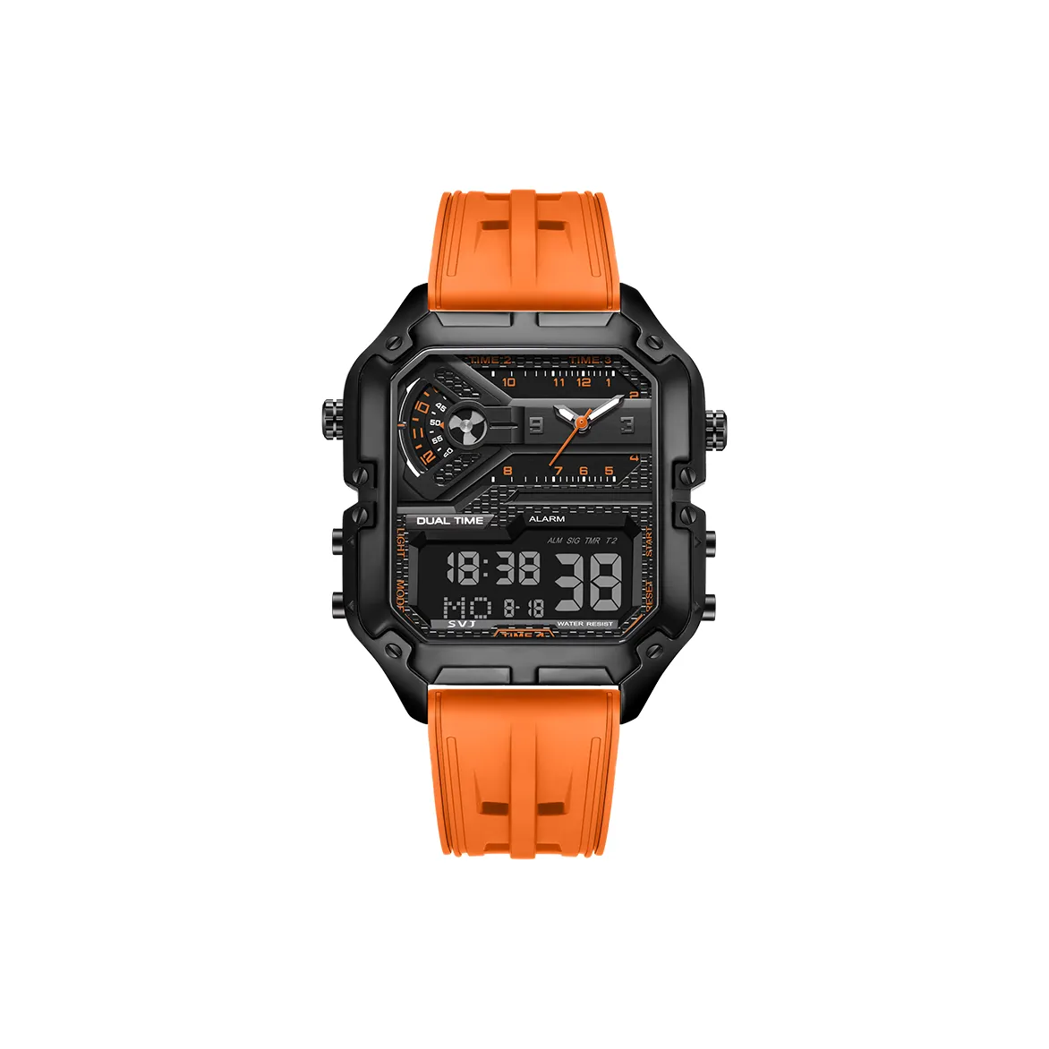 SVJ Liquid Crystal Analog Dual Display Series Кварцевый механизм Силиконовый ремешок Часы Мужские Черный циферблат