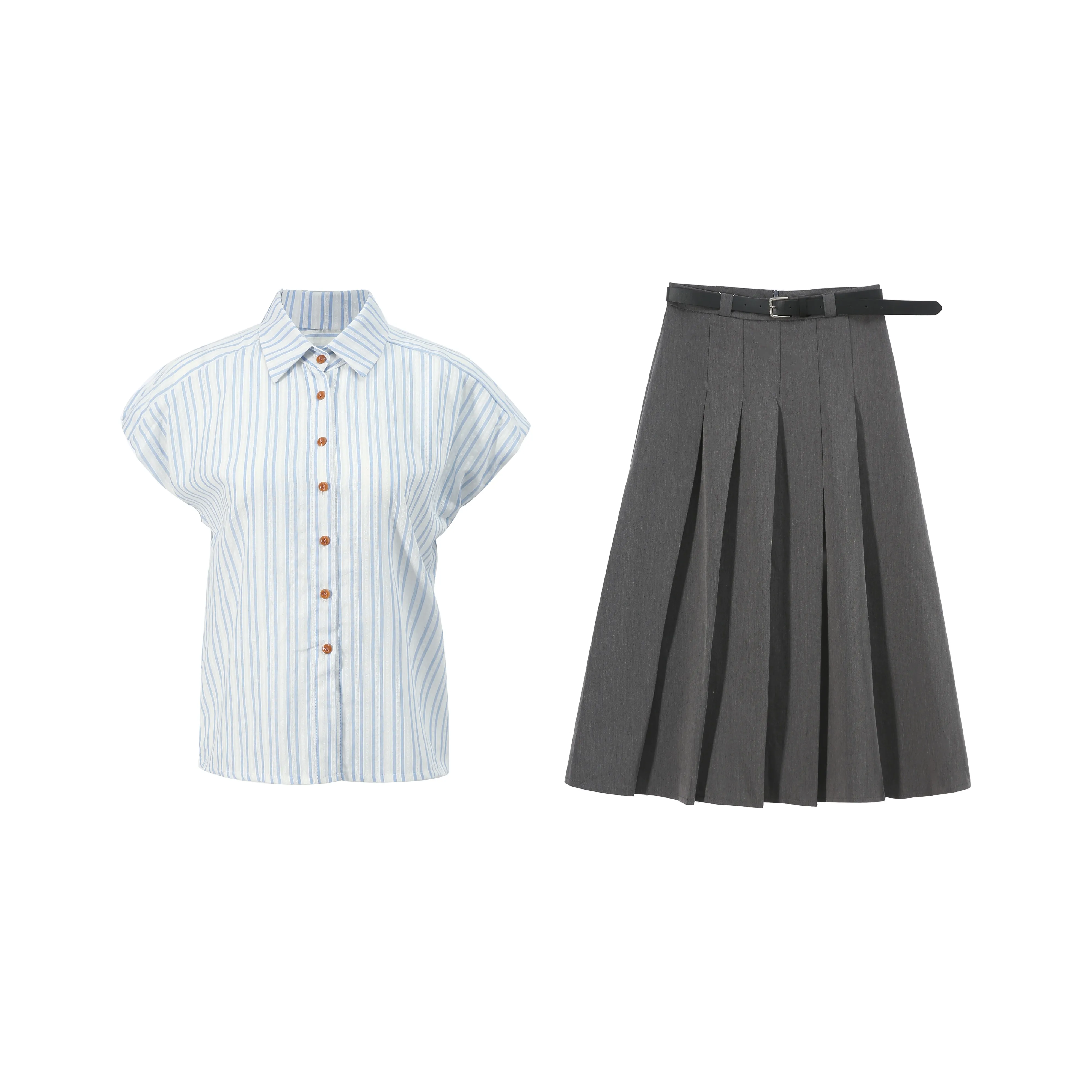 Udon House Blue Shirt Gray Plisse Yoke Women's Skirt Sets Udon House Синий Рубашка Серый Плиссированный Юбка Женские Комплекты с Юбкой