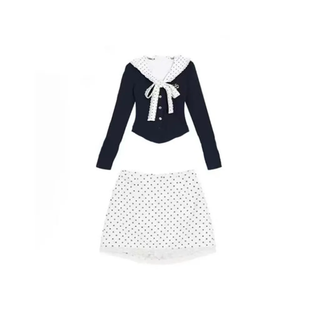TIBINB Черный топ + Белый горошек Юбка Женские Комплекты с юбкой