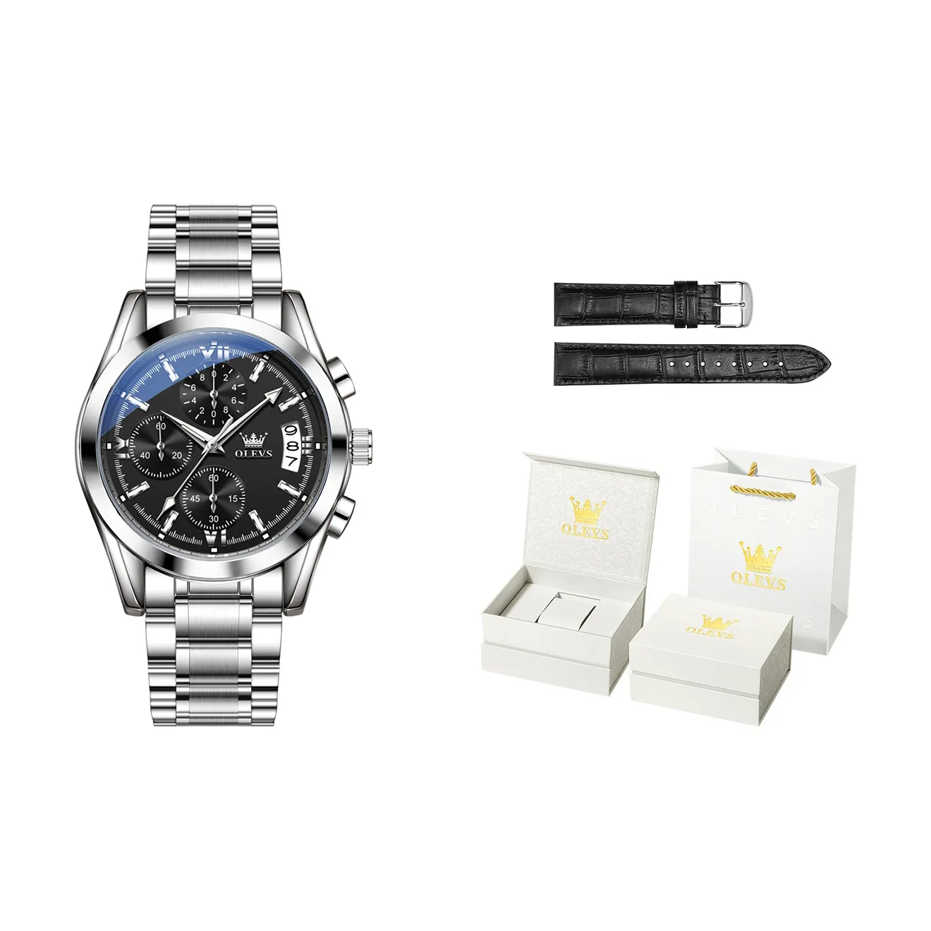 OLEVS Кварцевый механизм ремешок из нержавеющей стали мужские часы черный циферблат