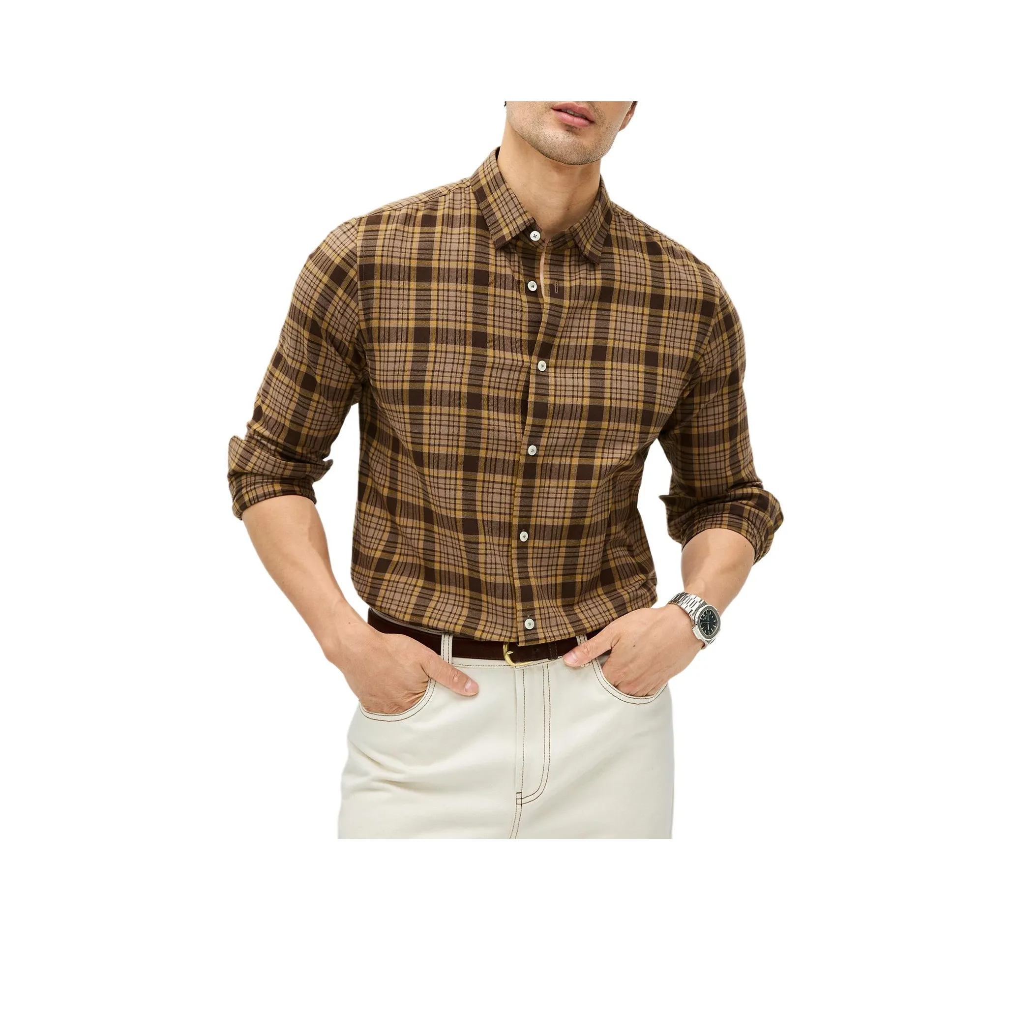 SHENGHE Желтая Клетчатая Мужская Рубашка