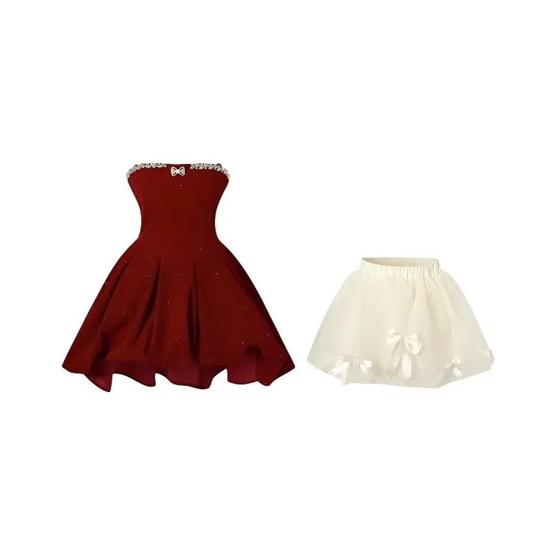 HUINIAN Велюр Платье без бретелек + Бант Подъюбник Женские Комплекты с юбкой