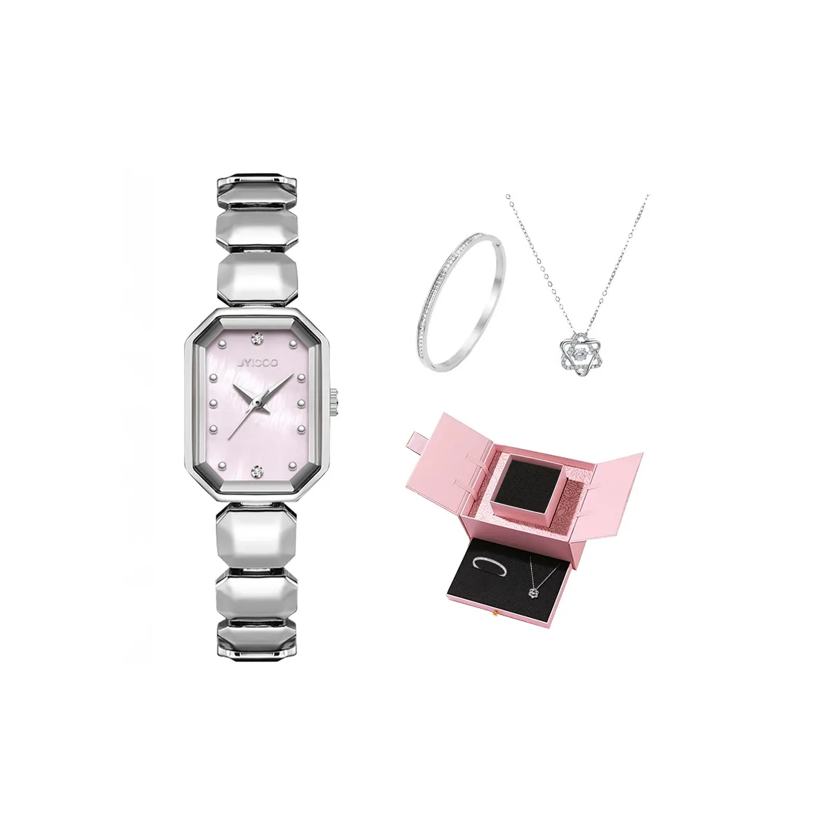 UYICOO Маленький кубик сахара Коллекция Наручные часы Кварцевый механизм Стальной ремешок Розовый циферблат Женские часы Подарочная коробка Розовая коробка