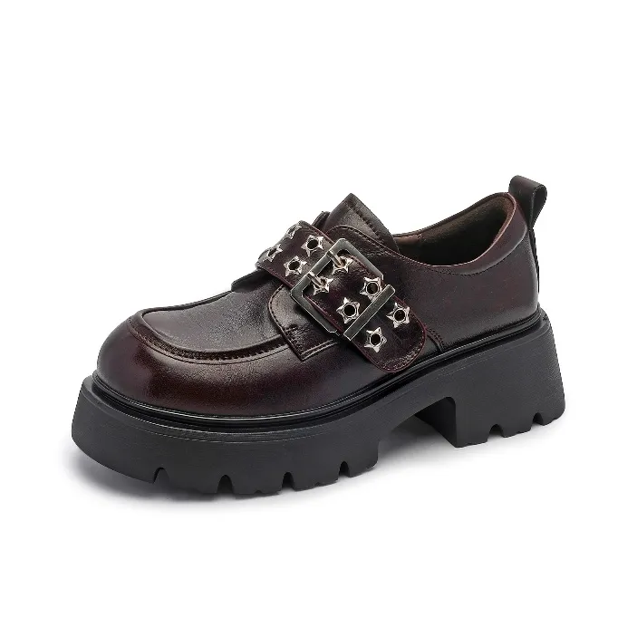 BAFFN UNIQUE Британский стиль Грубый каблук Лоферы Передняя часть 4CM Спина 6 см Женские Вишнево-красный