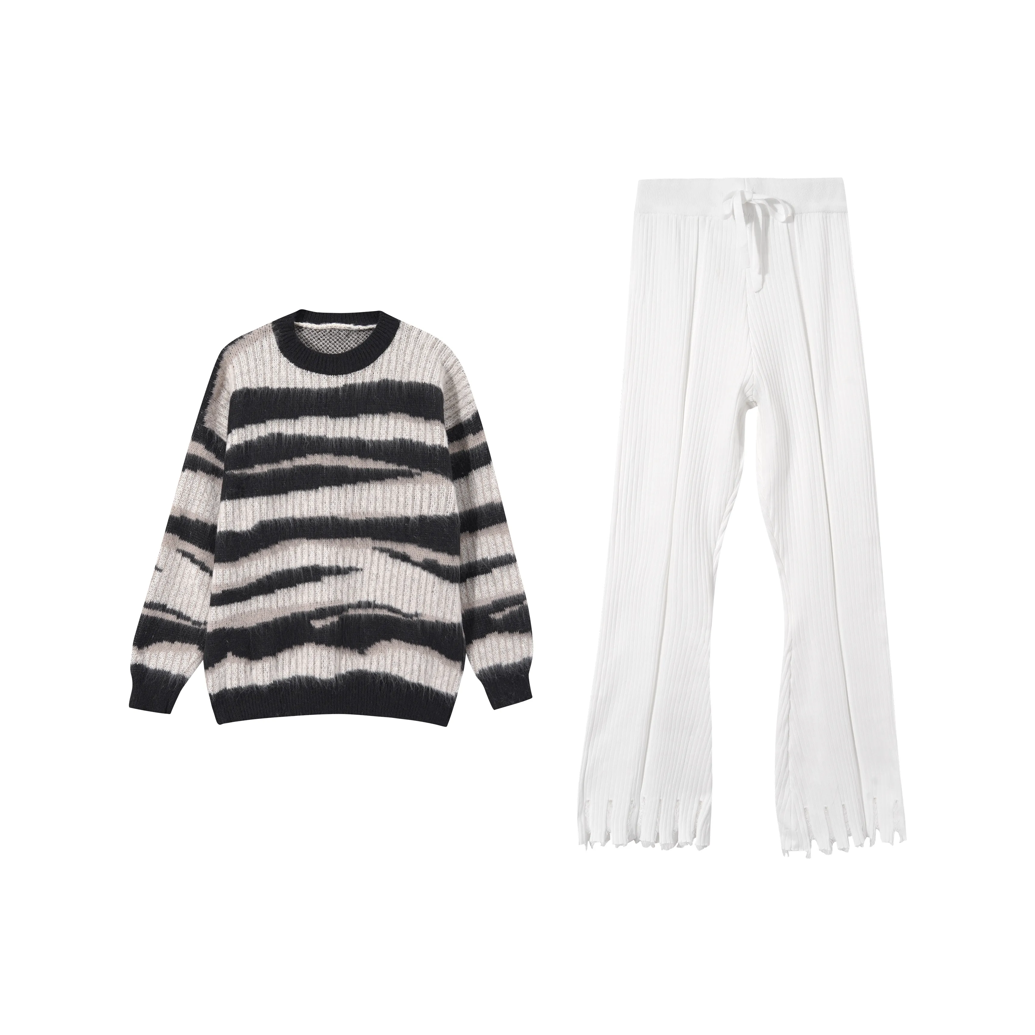 Udon House Полосы Свитер Вязаная модель Брюки Женские Повседневные костюмы