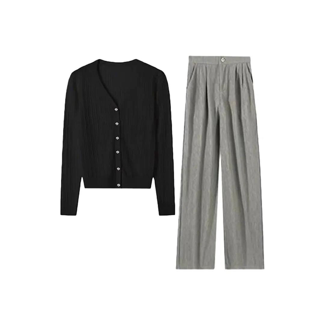 Meanalot Черный Трикотажная ткань Кардиган + Повседневные брюки Женские Повседневные костюмы