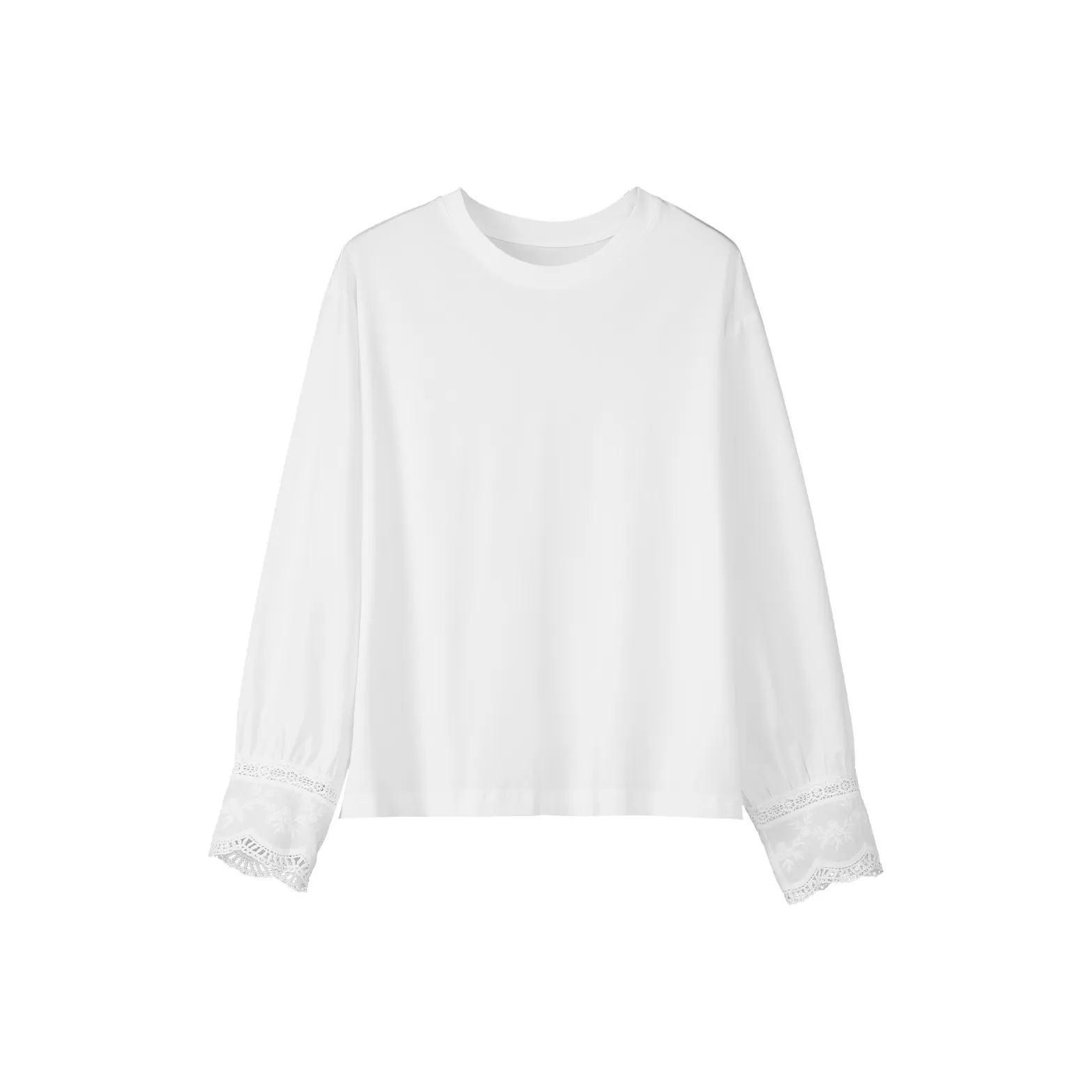 Fstudio Корейский стиль Маленький Круглый вырез Кружево с отделкой Коммутирование Пэчворк Топ Длинный рукав Т-рубашка Женская