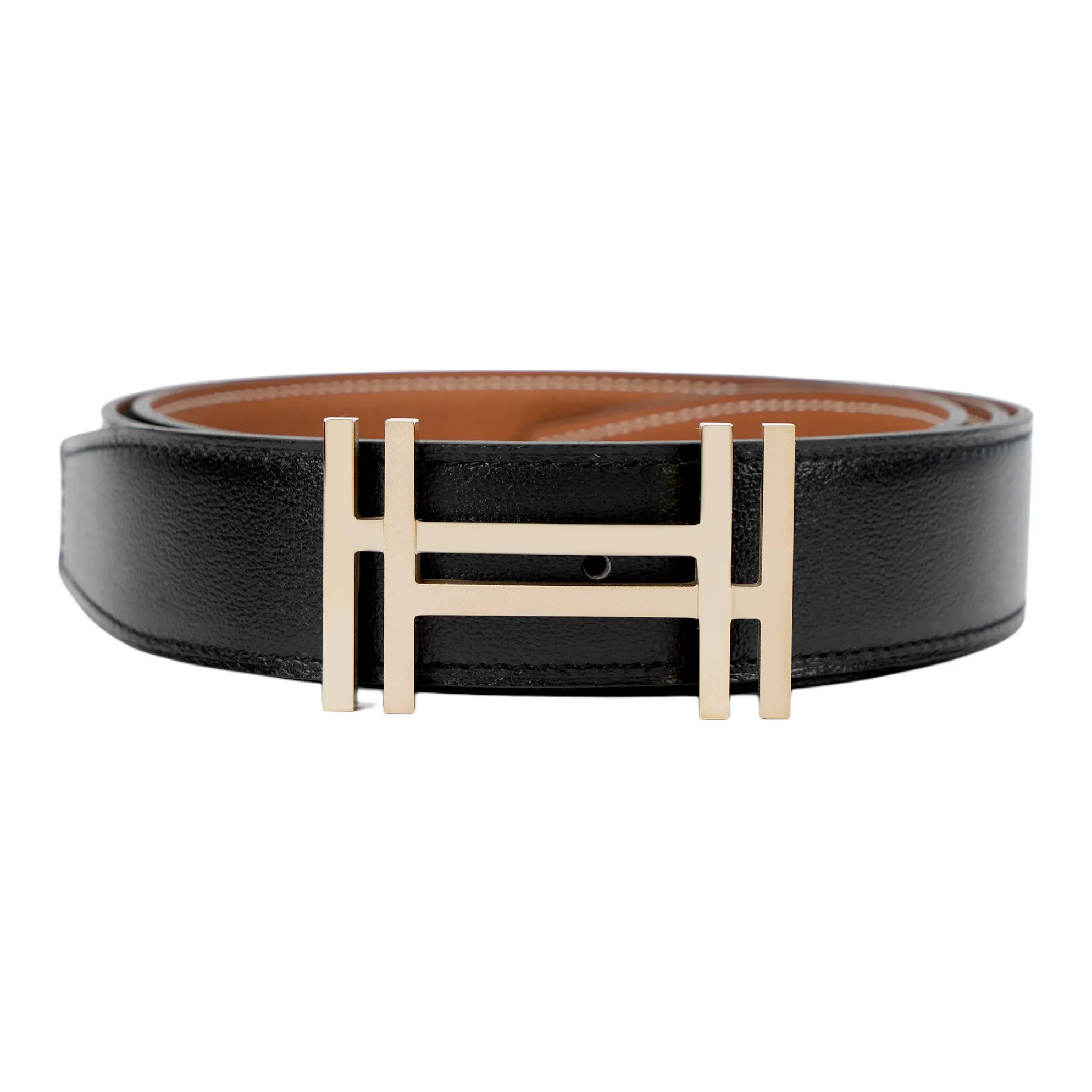 HERMES Royal Togo Calfskin Double Sided Leather Belt Men's Black/Gold 3.2cm