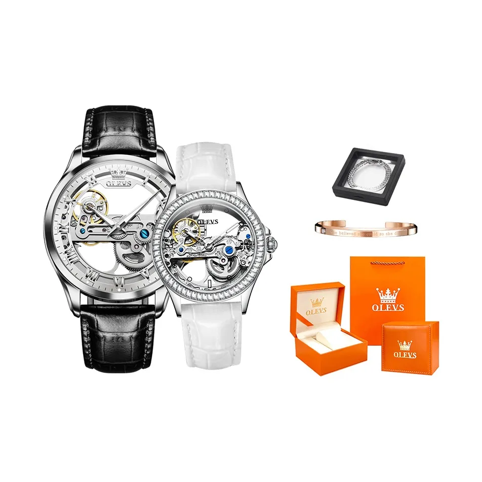 OLEVS Механические часы с кожаным ремешком унисекс с циферблатом в стиле "скелет"